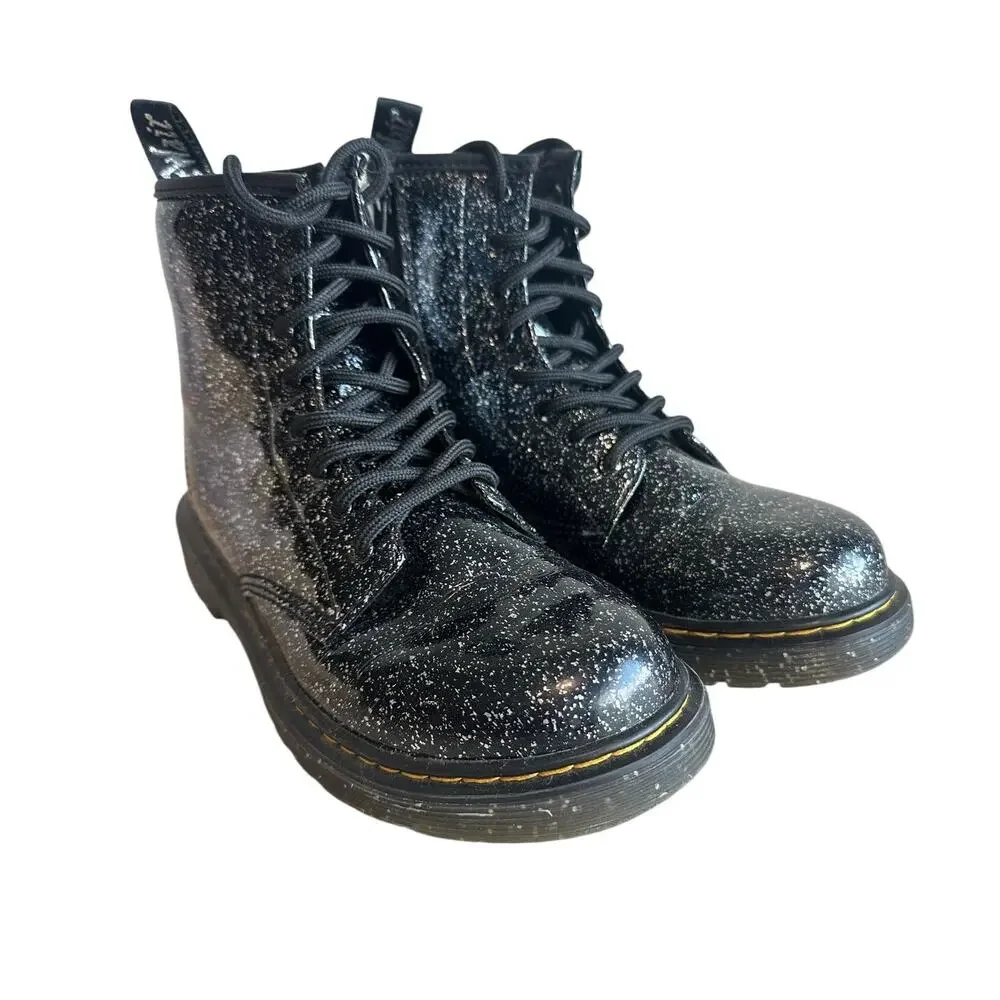 Dr. Marten's Junior Lace Up Fashion Combat Boot Black Cosmic Glitter US 4 1460